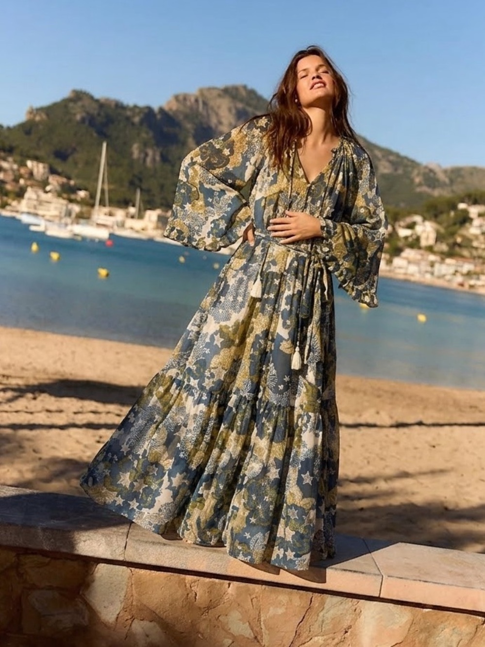 BTFL Life Star Celestial Maxi Dress Bell Sleeve Boho Size Medium Blue Gold